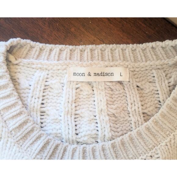 Moon & Madison Sweater Large White Beige Cable Knit Colorblock Chenille Vanillla - Picture 7 of 7